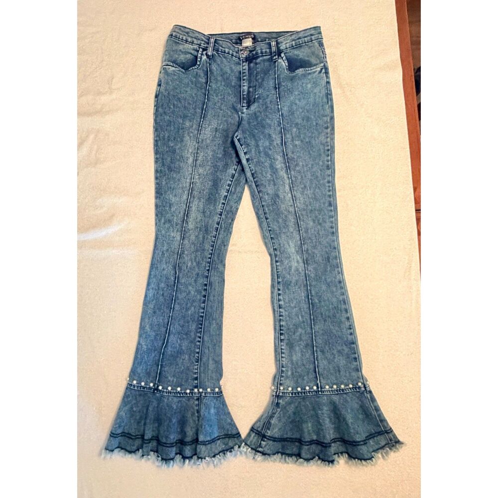 Venus Pearl Studded Ruffle Hem Flare Jeans. Size 12